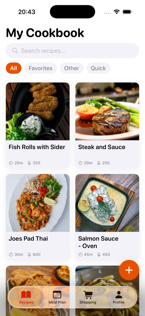 Drop Recipe app showing a cookbook of saved recipes