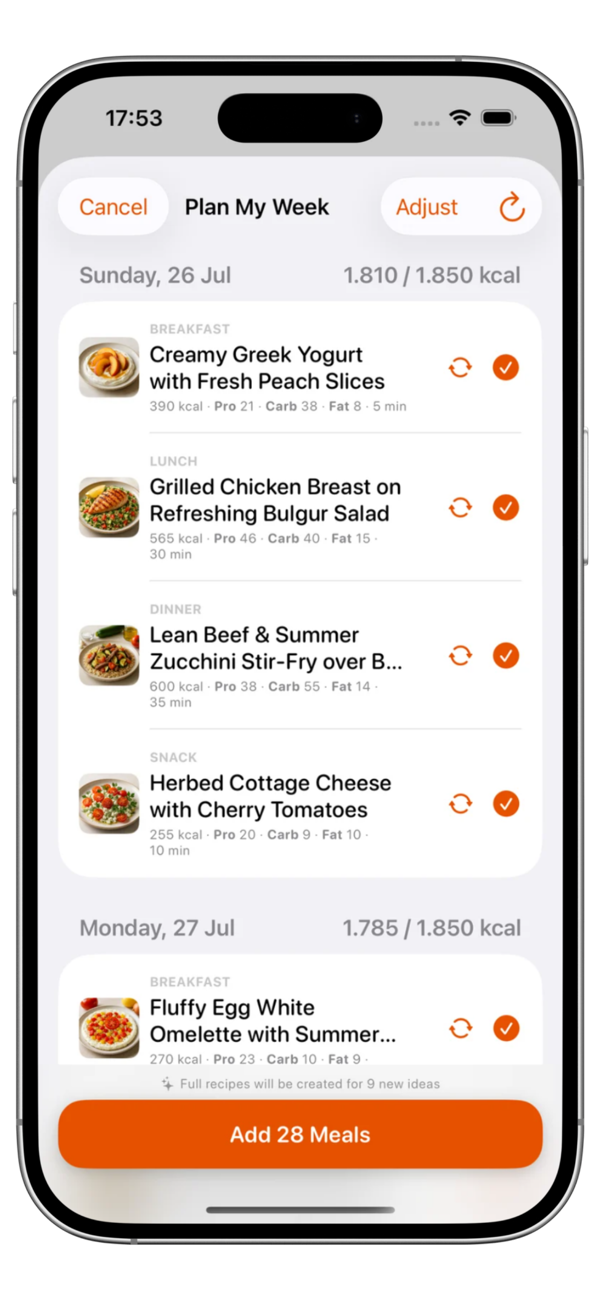 Plan My Week in Drop Recipe — an AI-generated weekly meal plan with calories and macros for every meal