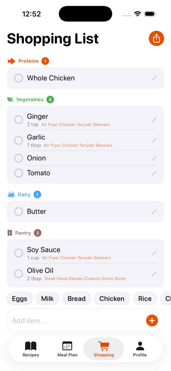 Drop Recipe shopping list grouped by aisle
